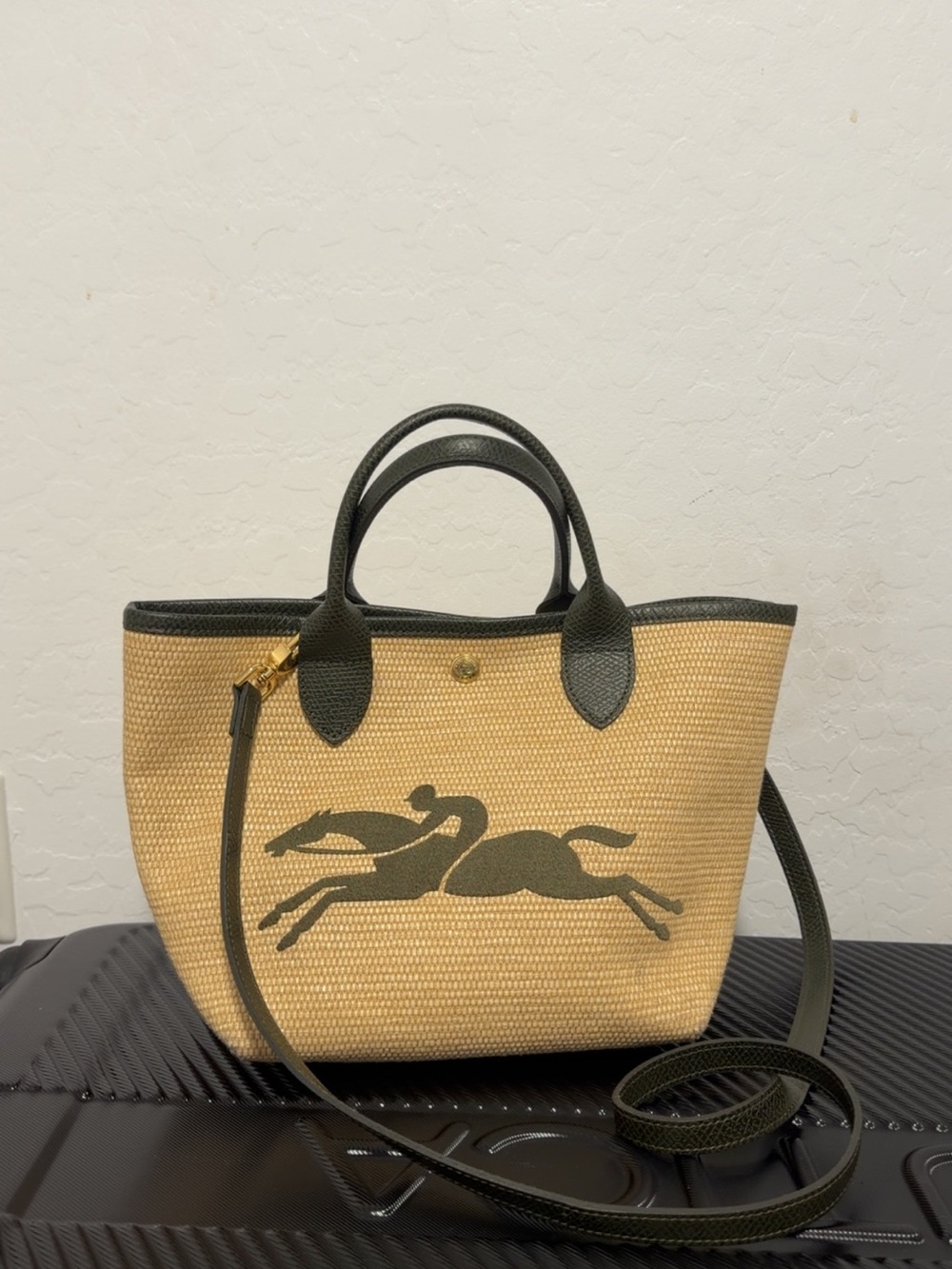 Longchamp Tan Woven Tote with Dark Green Horse Motif